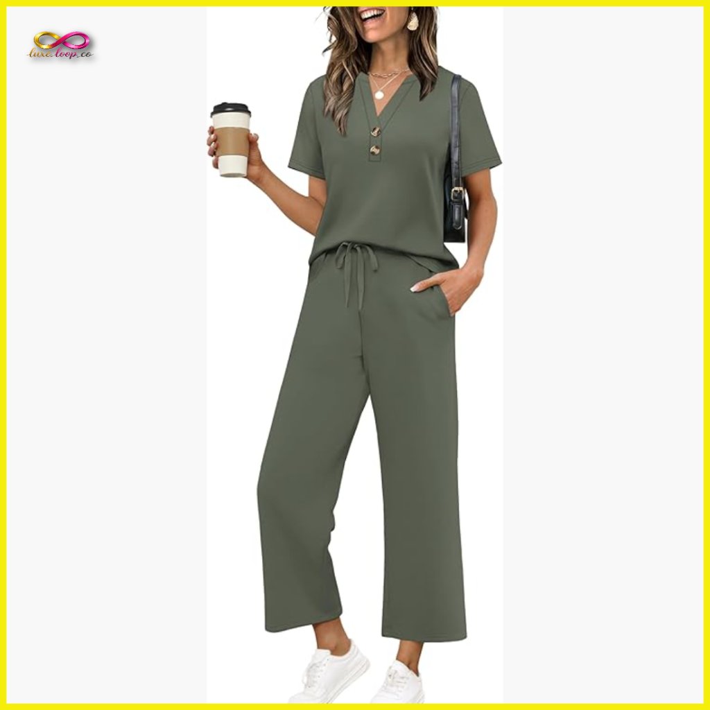 Two Piece Matching Set Wide Leg Crop Pants V Neck Top Resort Wear